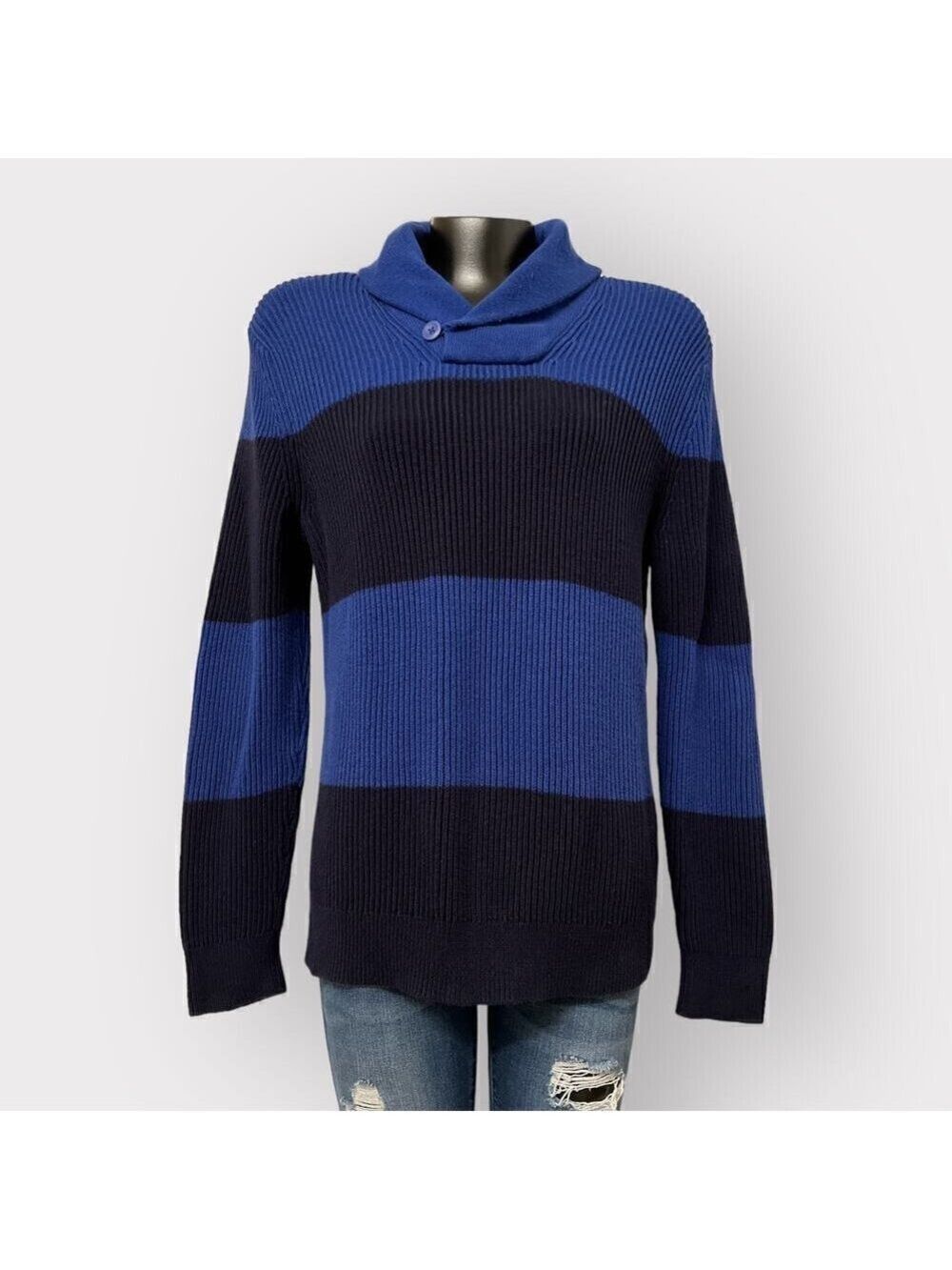 Express Popover Shawl Collar Sweater sz L Mens Twee Preppy Long Sleeve Navy Blue